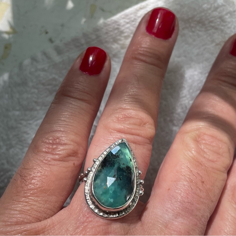 Teardrop Green Peruvian Opal Gemstone Sterling Silver Ring
